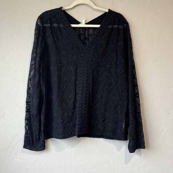 Rebecca Taylor Womens Long Sleeve V Neck Silk Shirt Black Size 10 Sheet Boho Top - Picture 1 of 11